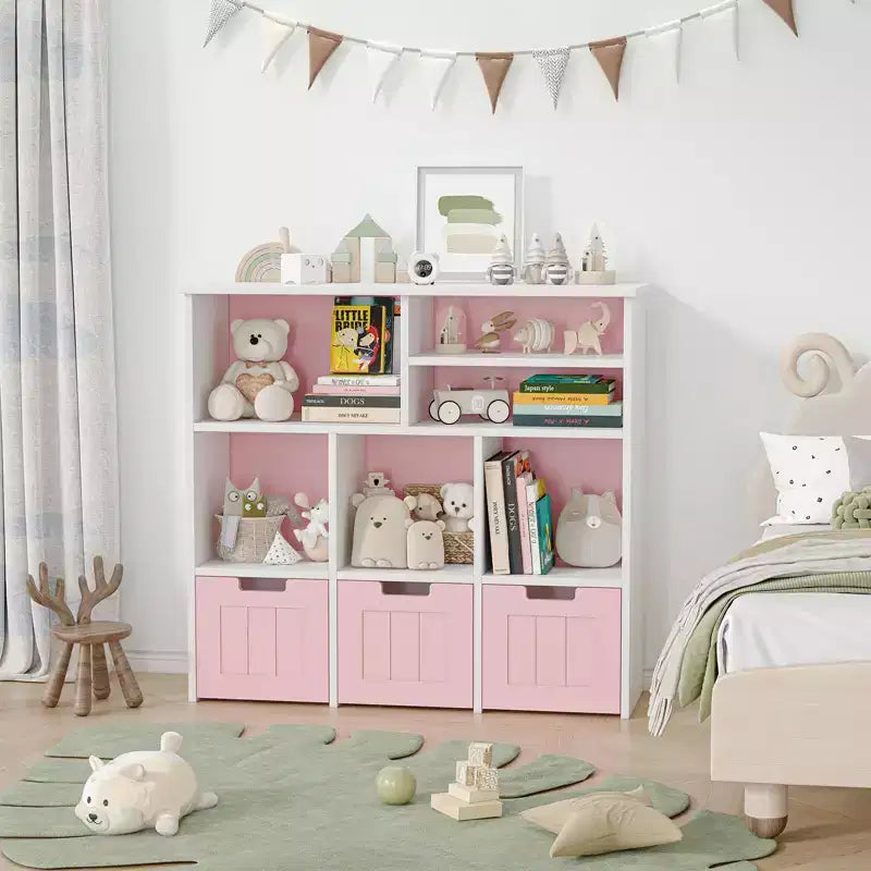Mobile Armadio Organizzatore per Bambini, Libreria per Bambini con 3 Cassetti Mobili, Contenitore Giocattoli per Bambini per Sala Giochi Asilo Camera da Letto, Rosa