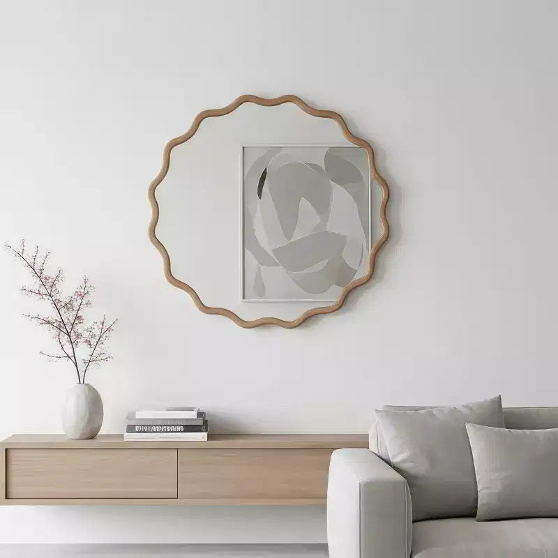 Specchio decorativo rotondo da 30 pollici, in legno massello ondulato, colore legno naturale, per camera da letto, bagno, soggiorno, ingresso