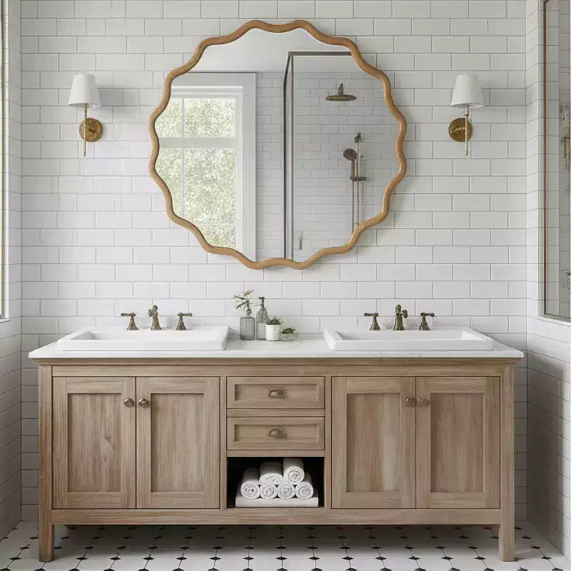Specchio decorativo rotondo da 30 pollici, in legno massello ondulato, colore legno naturale, per camera da letto, bagno, soggiorno, ingresso