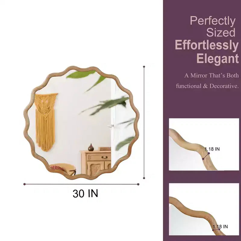 Specchio decorativo rotondo da 30 pollici, in legno massello ondulato, colore legno naturale, per camera da letto, bagno, soggiorno, ingresso
