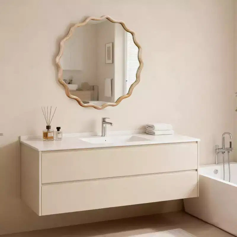 Specchio decorativo rotondo da 30 pollici, in legno massello ondulato, colore legno naturale, per camera da letto, bagno, soggiorno, ingresso