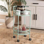Carrello da Cucina in Metallo a 2 Livelli con Ripiani in Vetro, Verde Menta, Stile Mid-Century
