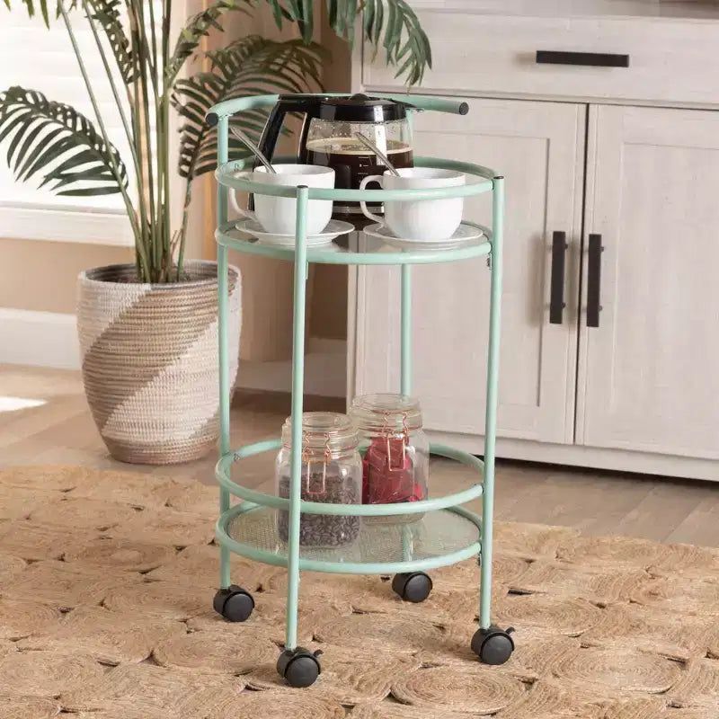 Carrello da Cucina in Metallo a 2 Livelli con Ripiani in Vetro, Verde Menta, Stile Mid-Century
