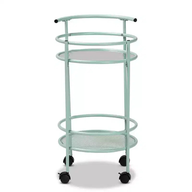 Carrello da Cucina in Metallo a 2 Livelli con Ripiani in Vetro, Verde Menta, Stile Mid-Century