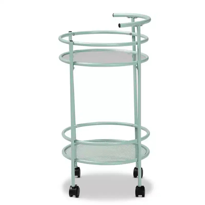 Carrello da Cucina in Metallo a 2 Livelli con Ripiani in Vetro, Verde Menta, Stile Mid-Century
