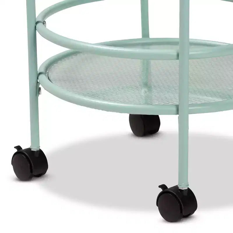Carrello da Cucina in Metallo a 2 Livelli con Ripiani in Vetro, Verde Menta, Stile Mid-Century