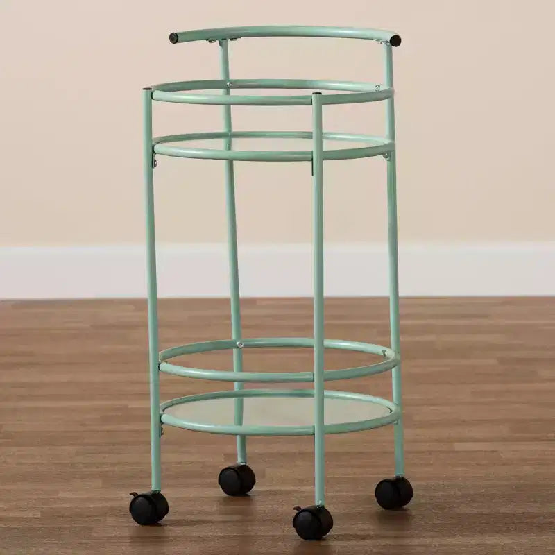 Carrello da Cucina in Metallo a 2 Livelli con Ripiani in Vetro, Verde Menta, Stile Mid-Century