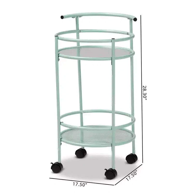 Carrello da Cucina in Metallo a 2 Livelli con Ripiani in Vetro, Verde Menta, Stile Mid-Century