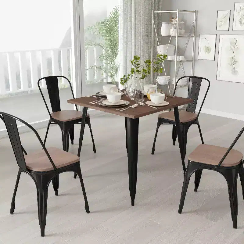 Tavolo quadrato moderno in metallo da 80 cm con piano in legno rustico per interni