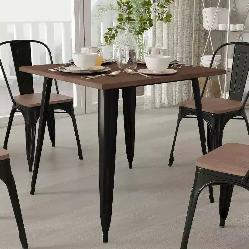 Tavolo quadrato moderno in metallo da 80 cm con piano in legno rustico per interni