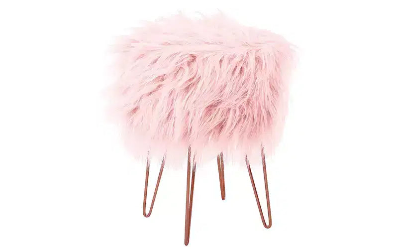 Sgabello rotondo poggiapiedi in pelliccia sintetica con gambe a forcina, rosa