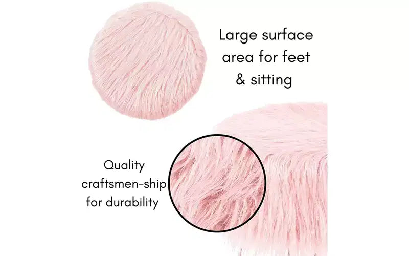 Sgabello rotondo poggiapiedi in pelliccia sintetica con gambe a forcina, rosa