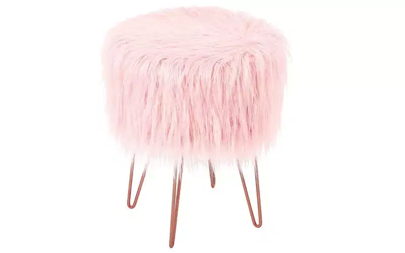 Sgabello rotondo poggiapiedi in pelliccia sintetica con gambe a forcina, rosa