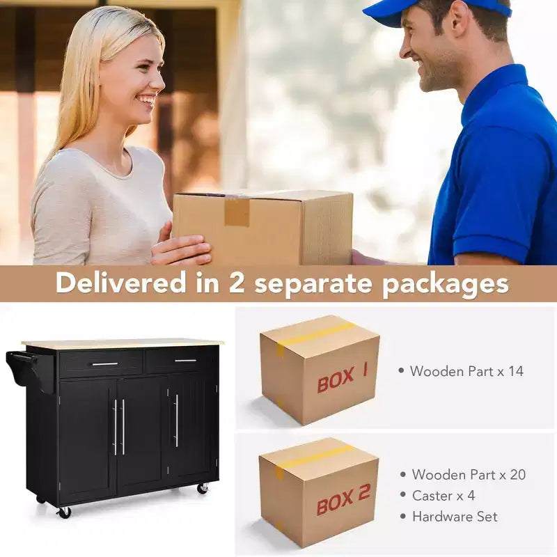 Carrello da cucina con isola, piano in legno, ceppo portacoltelli e armadietto, nero