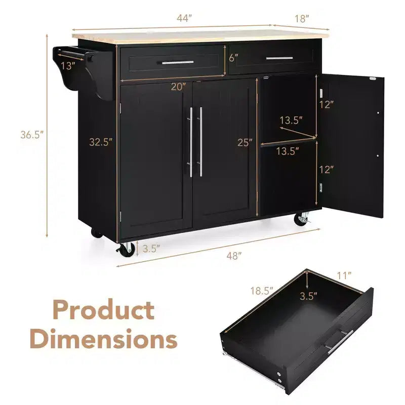 Carrello da cucina con isola, piano in legno, ceppo portacoltelli e armadietto, nero