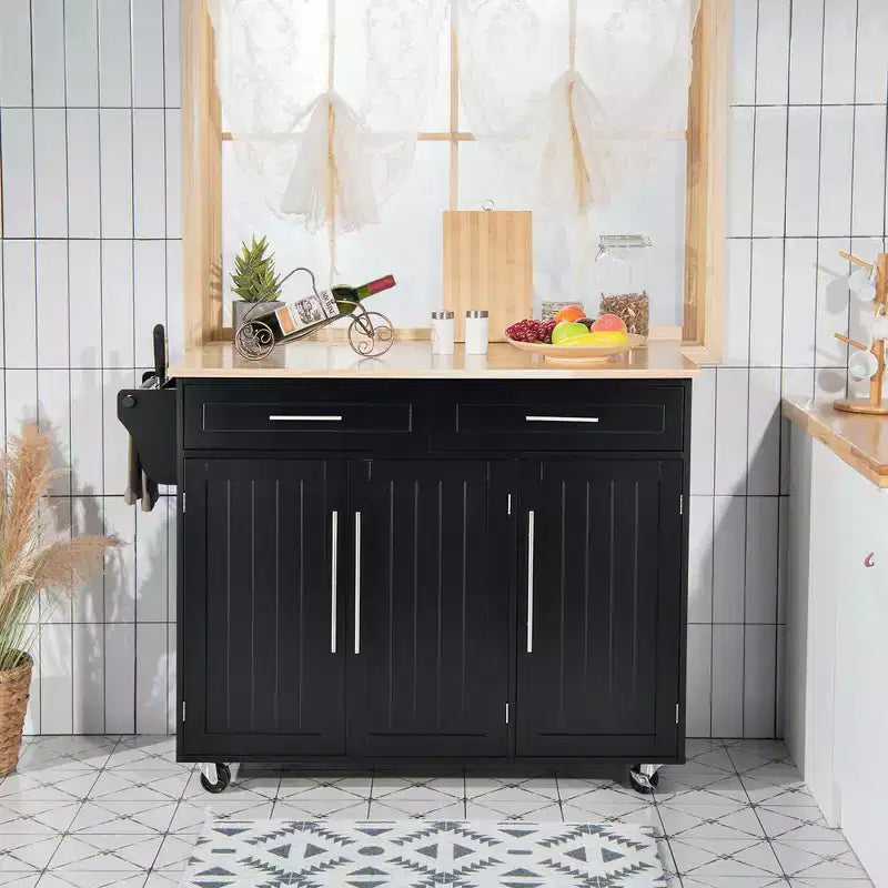 Carrello da cucina con isola, piano in legno, ceppo portacoltelli e armadietto, nero