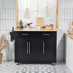Carrello da cucina con isola, piano in legno, ceppo portacoltelli e armadietto, nero