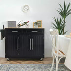 Carrello da cucina con isola, piano in legno, ceppo portacoltelli e armadietto, nero