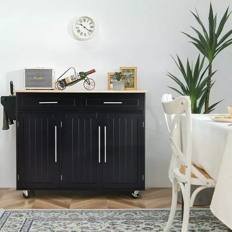 Carrello da cucina con isola, piano in legno, ceppo portacoltelli e armadietto, nero