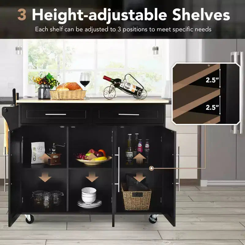Carrello da cucina con isola, piano in legno, ceppo portacoltelli e armadietto, nero