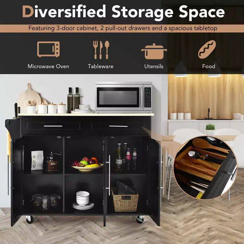 Carrello da cucina con isola, piano in legno, ceppo portacoltelli e armadietto, nero