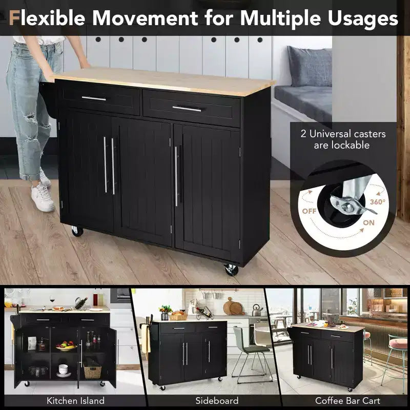 Carrello da cucina con isola, piano in legno, ceppo portacoltelli e armadietto, nero