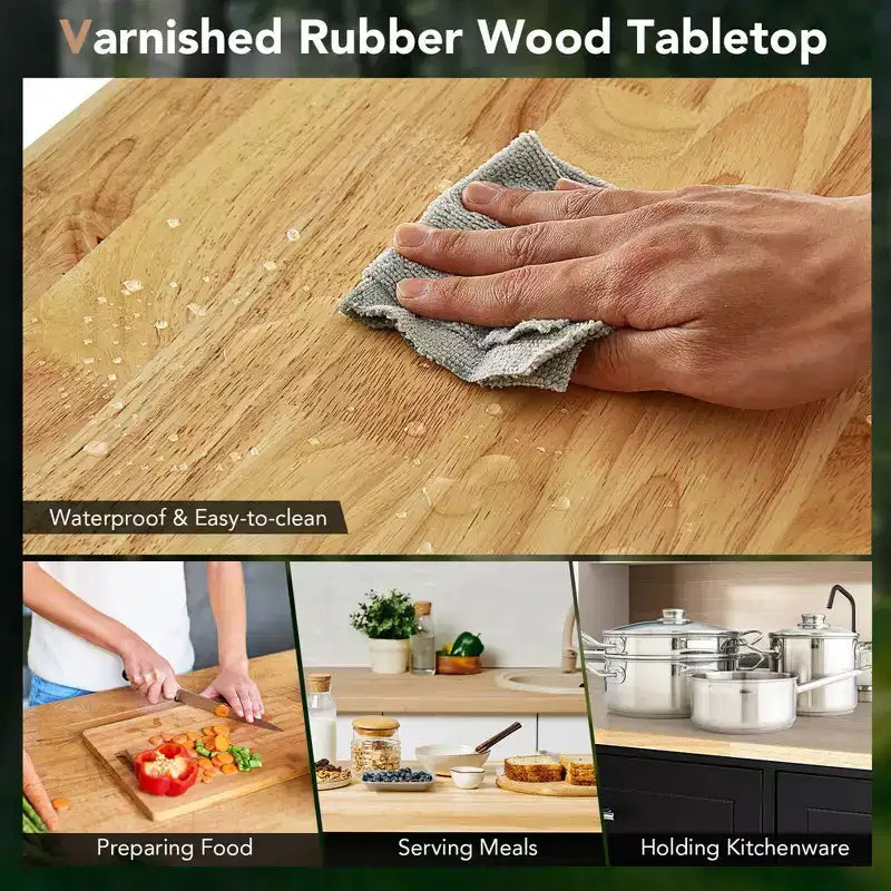 Carrello da cucina con isola, piano in legno, ceppo portacoltelli e armadietto, nero