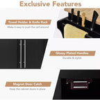 Carrello da cucina con isola, piano in legno, ceppo portacoltelli e armadietto, nero