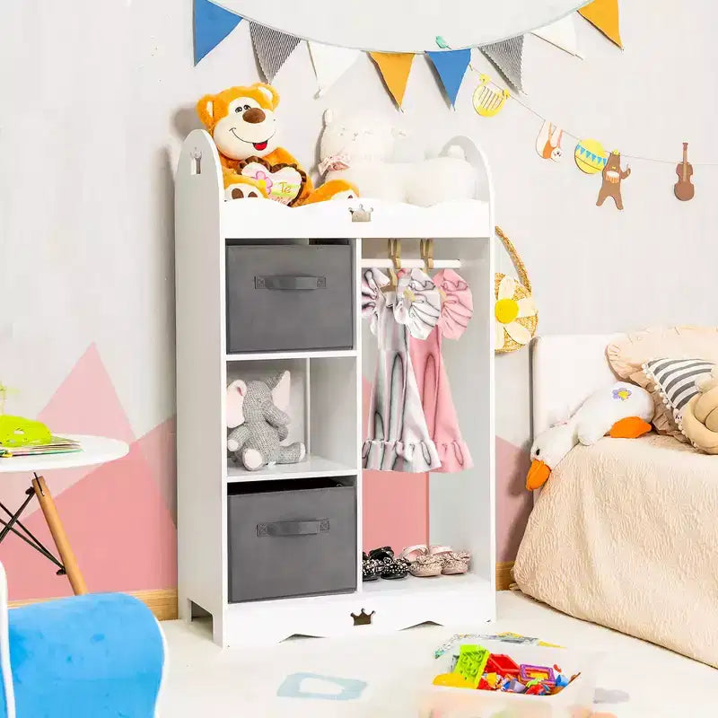 Armadio pensile per vestiti per bambini con specchio e contenitori per giocattoli