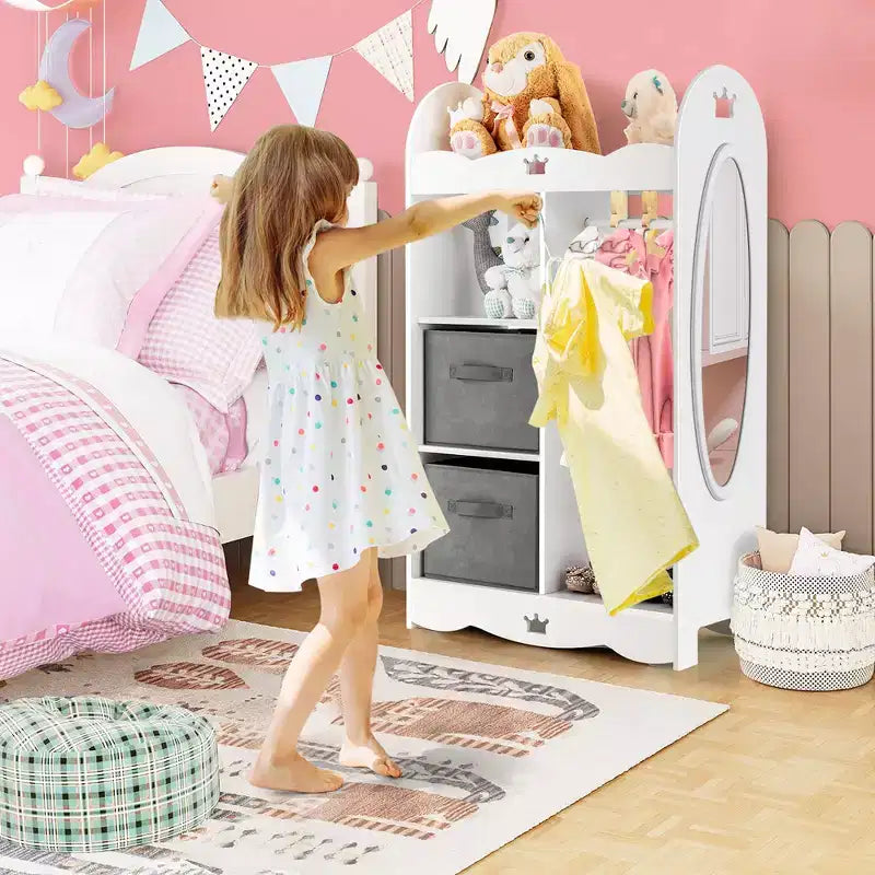 Armadio pensile per vestiti per bambini con specchio e contenitori per giocattoli