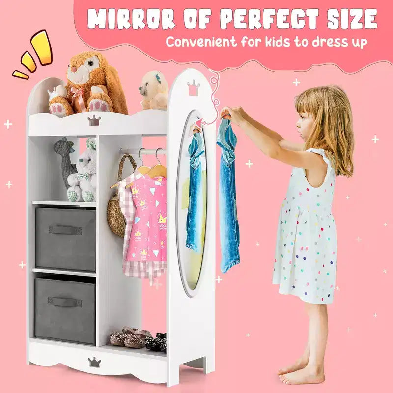 Armadio pensile per vestiti per bambini con specchio e contenitori per giocattoli