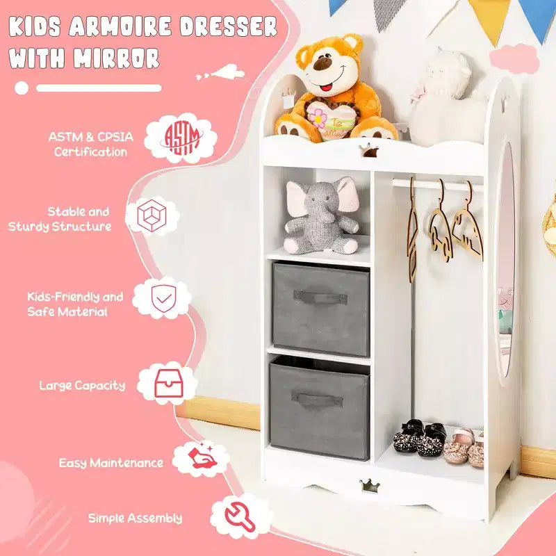 Armadio pensile per vestiti per bambini con specchio e contenitori per giocattoli